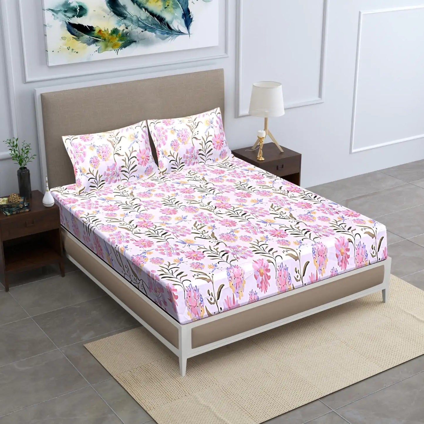 Pink Liliy Fitted Double Bed Bedsheet