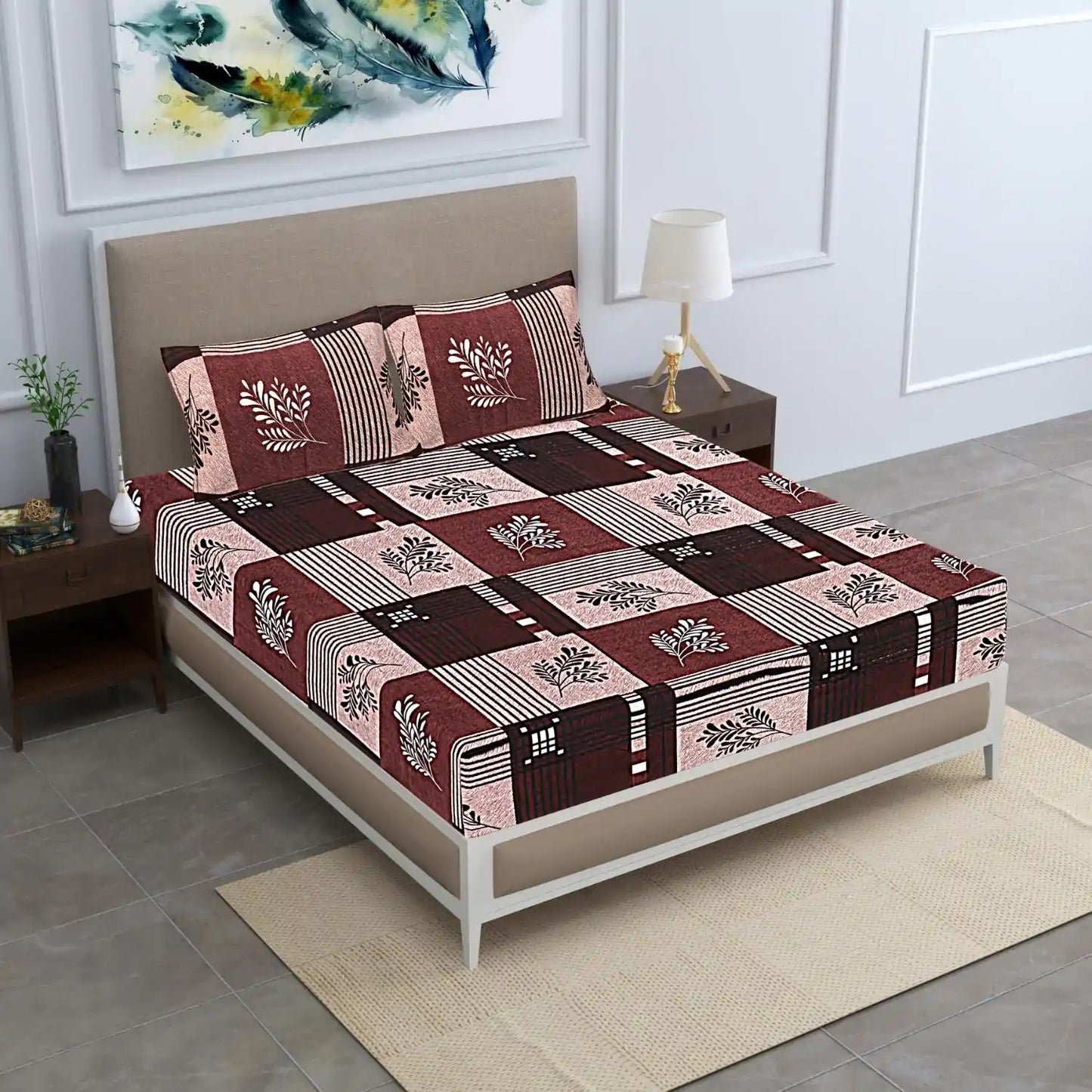 Flowers & Strips Double Bed Bedsheet